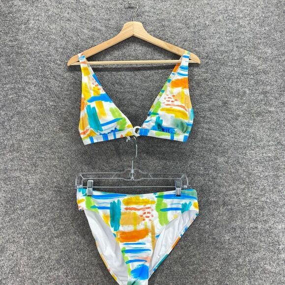 New Cupshe Bikini Swim Suit Women XL Blue Colorblock 2 Piece Lined V-Neck Tie Up - Picture 3 of 9